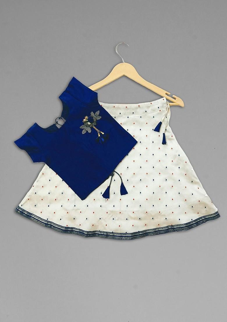 Navy Blue Embroidered Silk Lehenga Choli For Girls - Indya