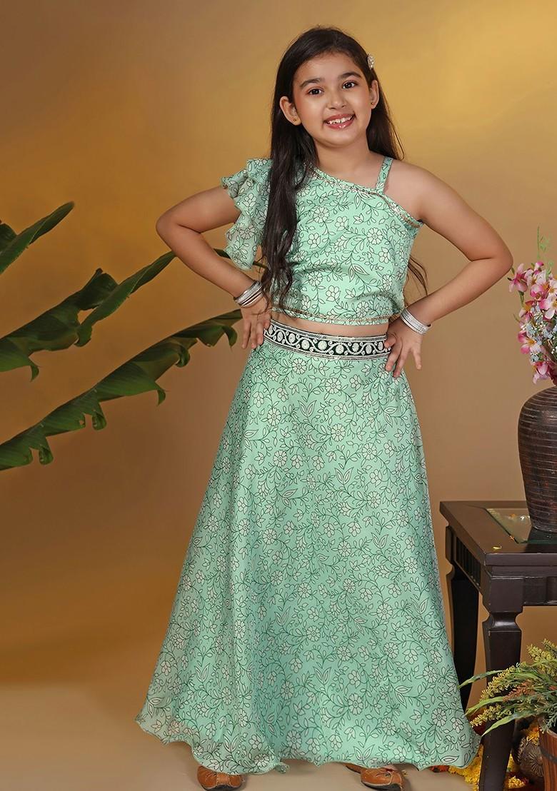 Green Printed Blended Lehenga Choli For Girls - Indya