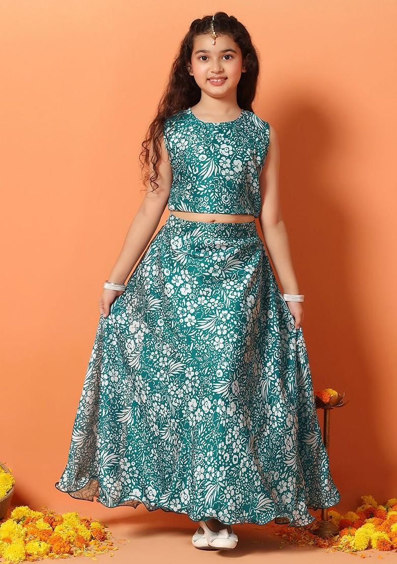 Blue Printed Blended Lehenga Choli For Girls - Indya