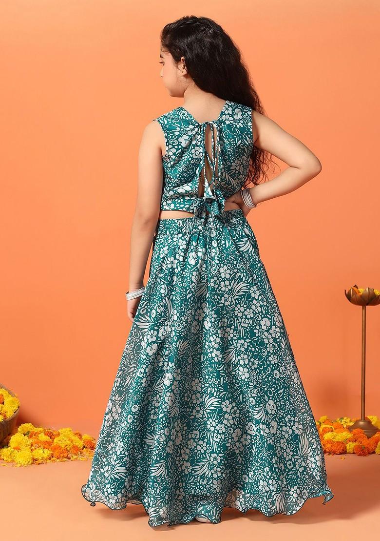 Blue Printed Blended Lehenga Choli For Girls - Indya