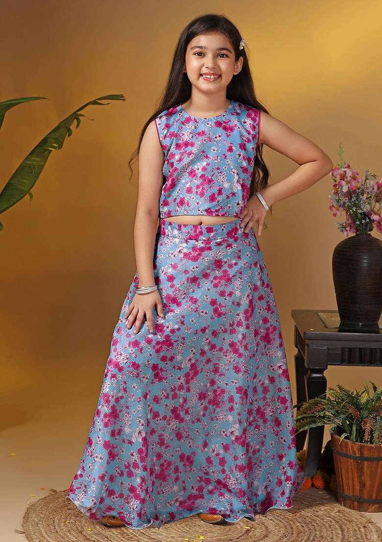 Grey Printed Blended Lehenga Choli For Girls - Indya