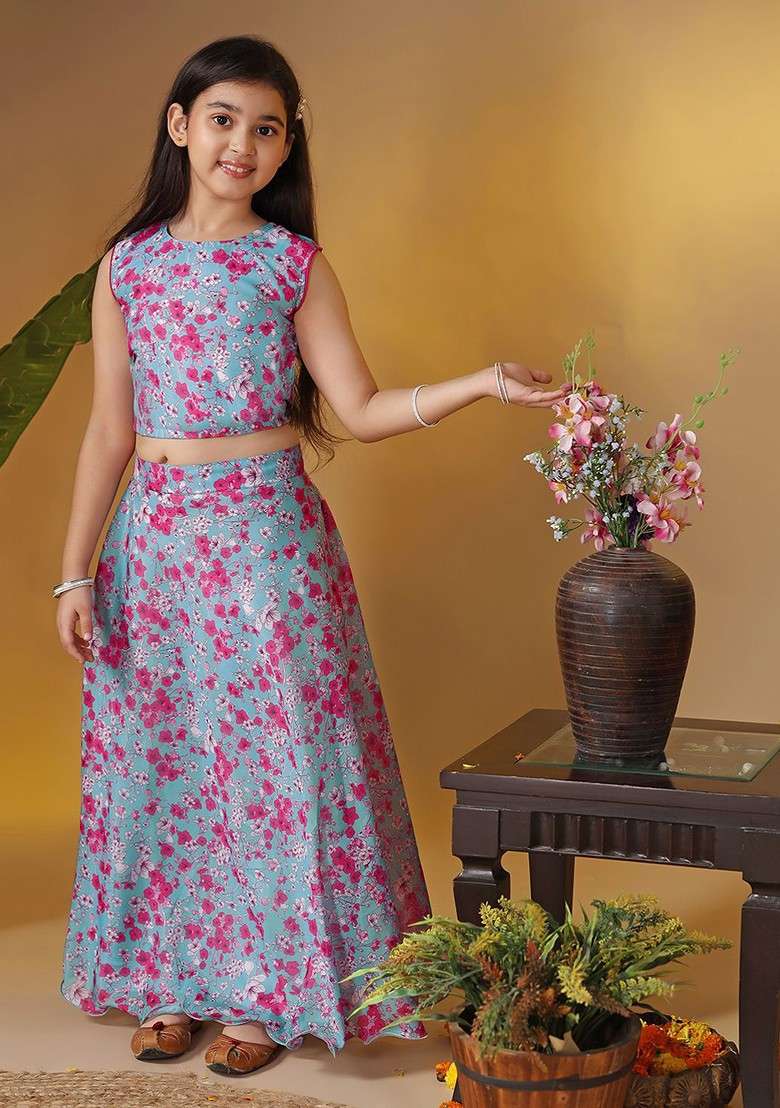 Grey Printed Blended Lehenga Choli For Girls - Indya
