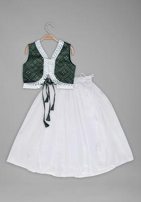 Green Printed Blended Lehenga Choli For Girls