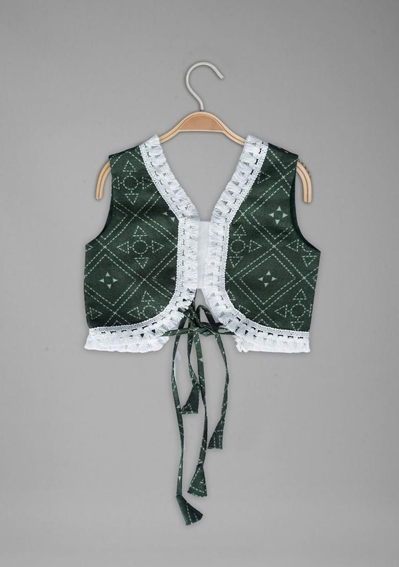 Green Printed Blended Lehenga Choli For Girls - Indya