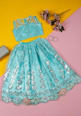 Blue Embroidered Blended Lehenga Choli For Girls