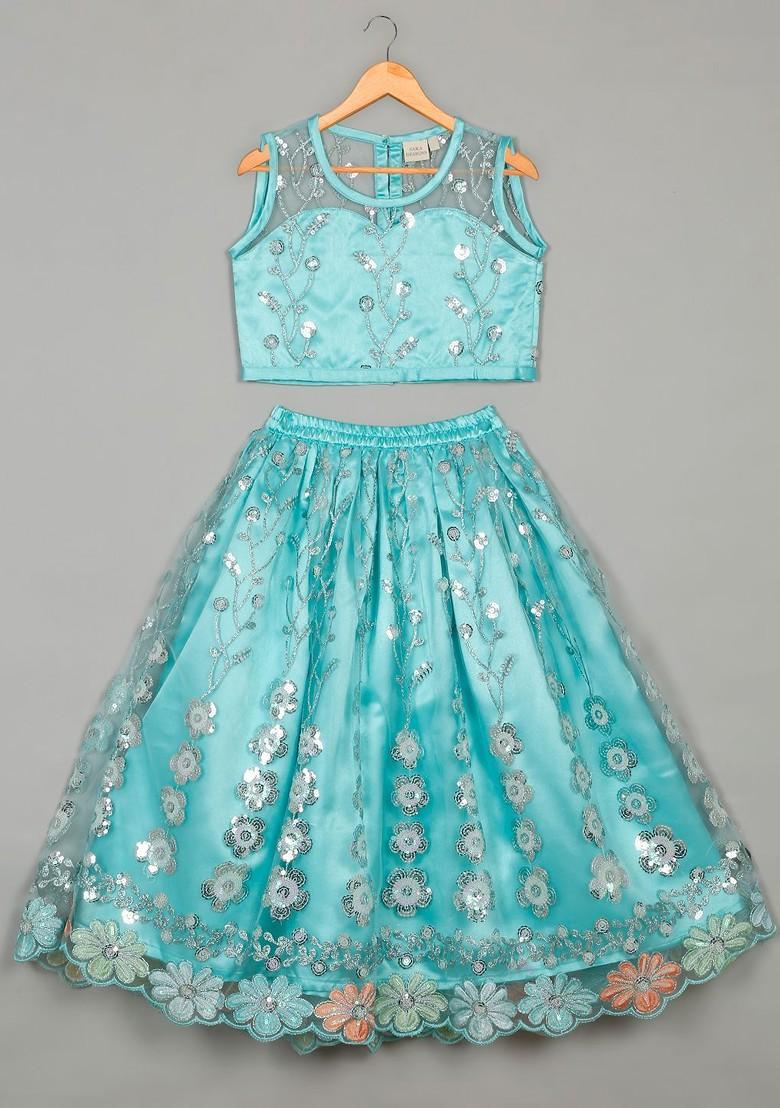 Blue Embroidered Blended Lehenga Choli For Girls - Indya