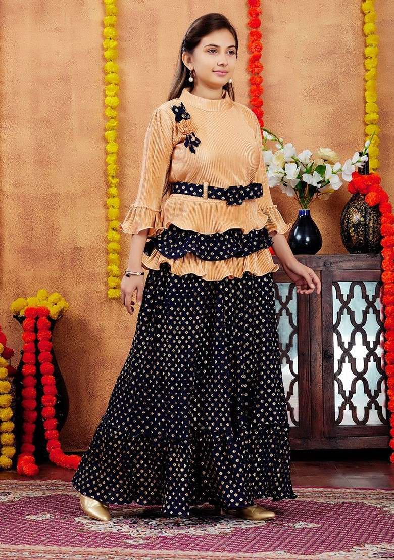 Beige Embroidered Blended Lehenga Choli For Girls - Indya