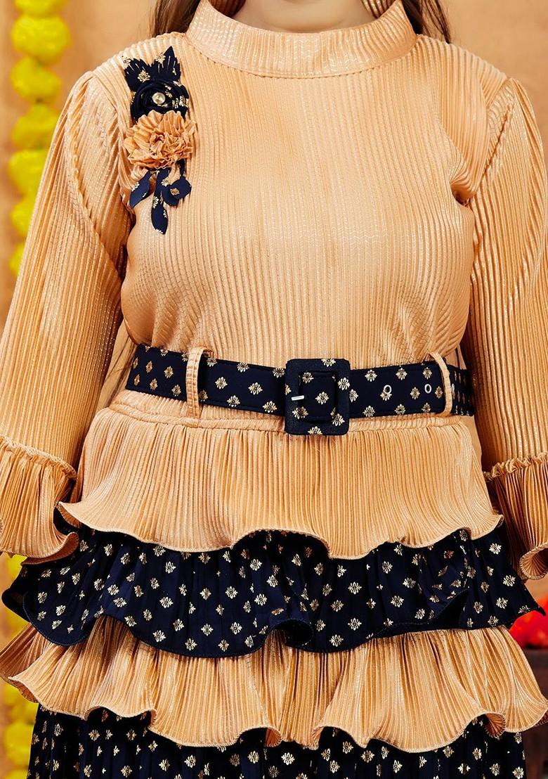 Beige Embroidered Blended Lehenga Choli For Girls - Indya