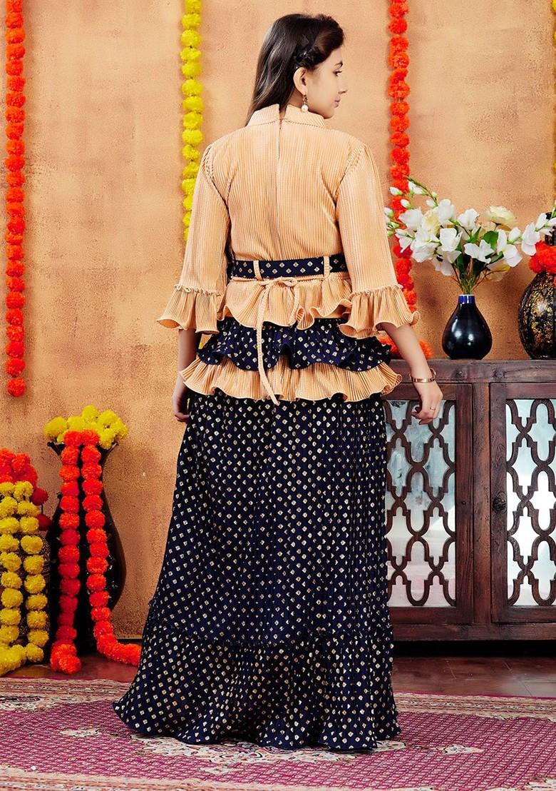 Beige Embroidered Blended Lehenga Choli For Girls - Indya