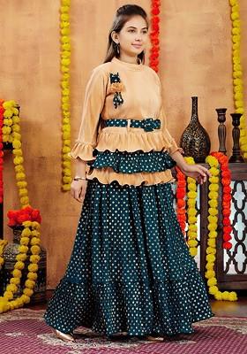 Beige Embroidered Blended Lehenga Choli For Girls
