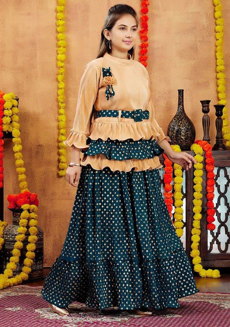 Beige Embroidered Blended Lehenga Choli For Girls - Indya