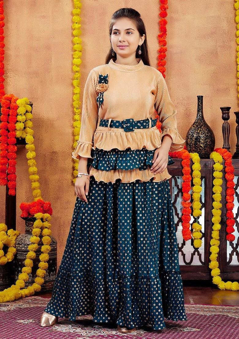 Beige Embroidered Blended Lehenga Choli For Girls - Indya