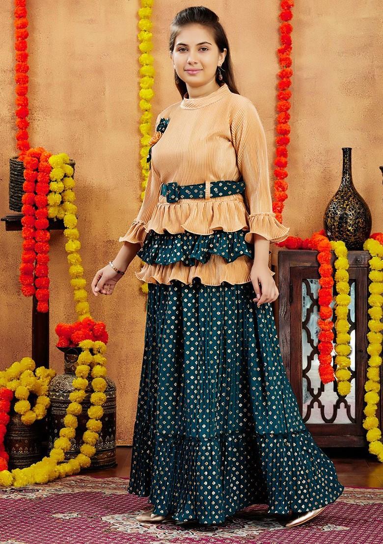 Beige Embroidered Blended Lehenga Choli For Girls - Indya