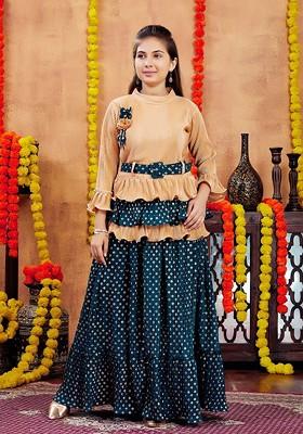 Beige Embroidered Blended Lehenga Choli For Girls