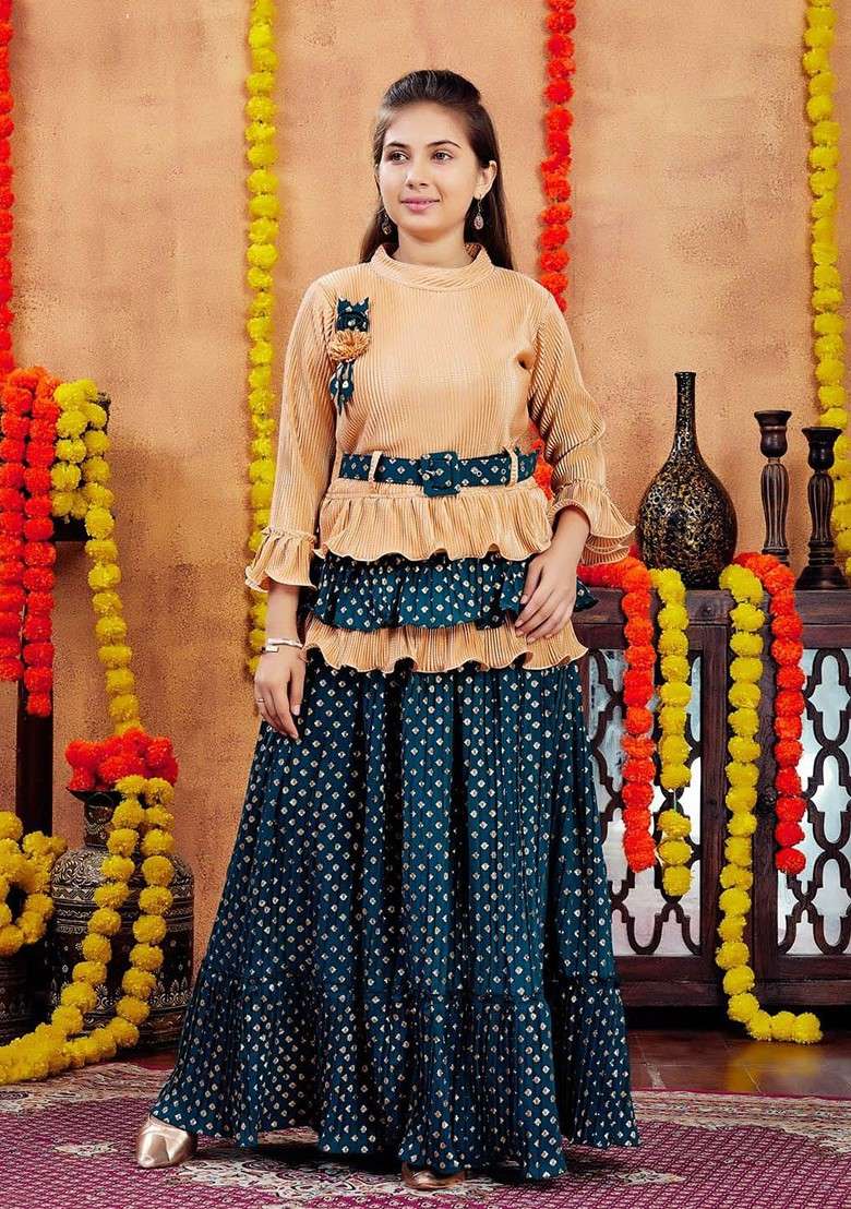 Beige Embroidered Blended Lehenga Choli For Girls - Indya
