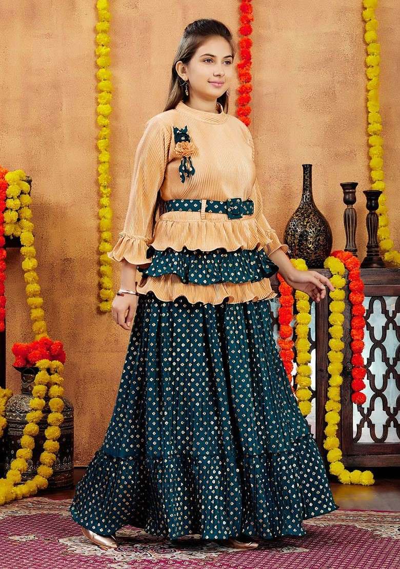 Beige Embroidered Blended Lehenga Choli For Girls - Indya