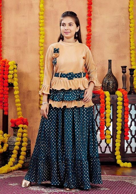 Beige Embroidered Blended Lehenga Choli For Girls