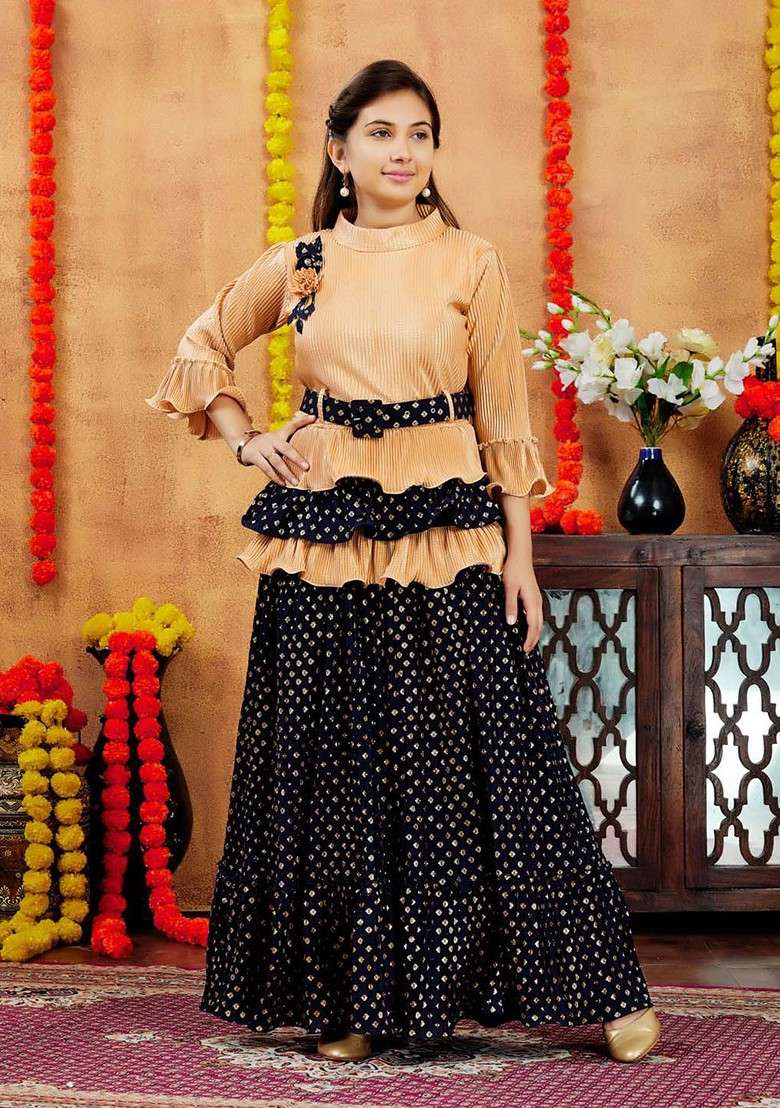 Beige Embroidered Blended Lehenga Choli For Girls - Indya