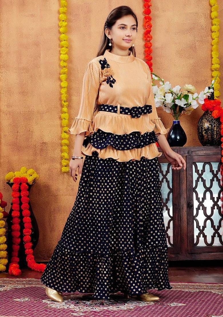 Beige Embroidered Blended Lehenga Choli For Girls - Indya