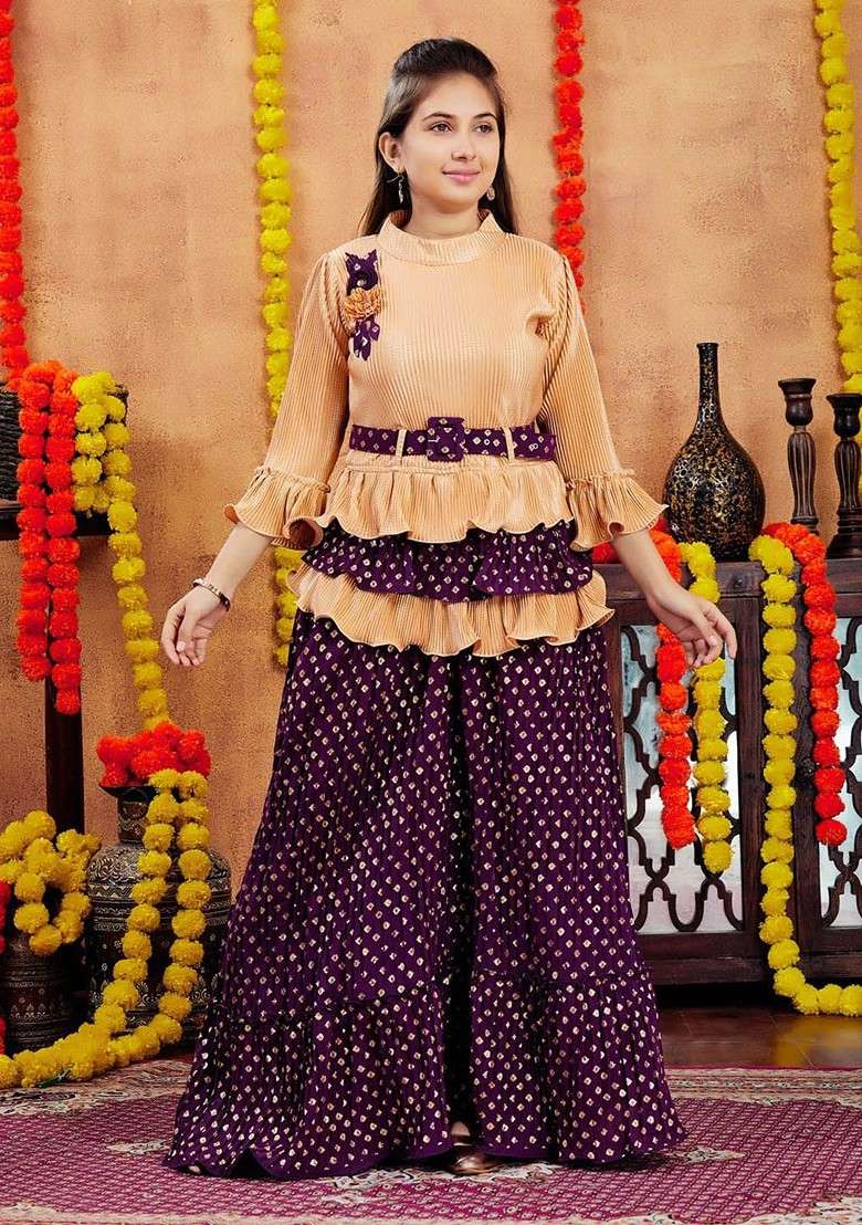 Beige Printed Blended Lehenga Choli For Girls - Indya