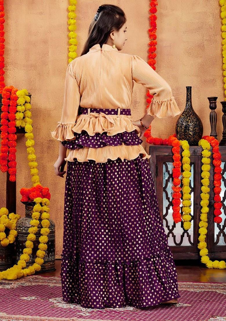 Beige Printed Blended Lehenga Choli For Girls - Indya