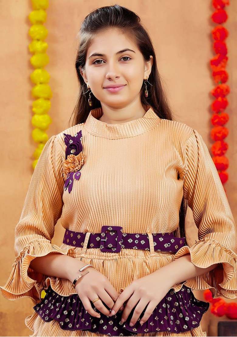 Beige Printed Blended Lehenga Choli For Girls - Indya