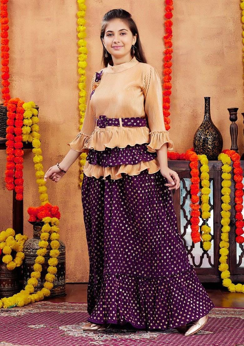 Beige Printed Blended Lehenga Choli For Girls - Indya