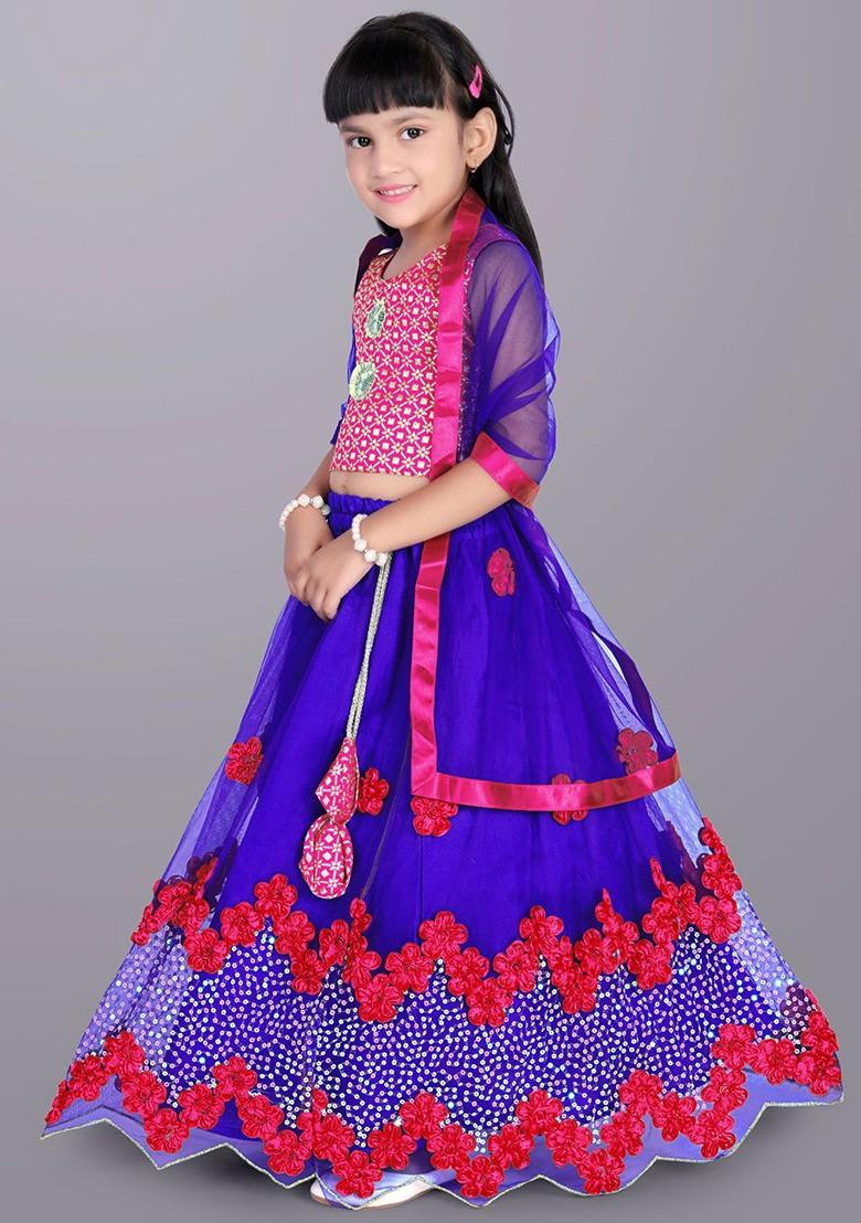 Blue Embroidered Blended Lehenga Choli For Girls - Indya