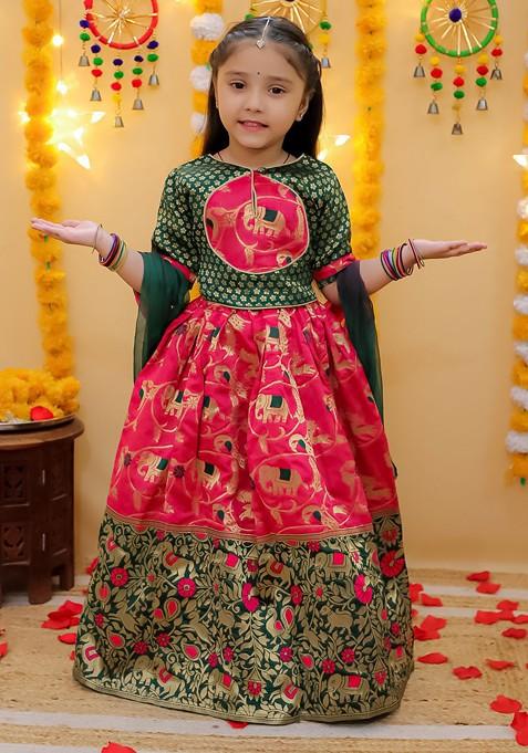 Green Zari Blended Lehenga Choli For Girls — view on Indya