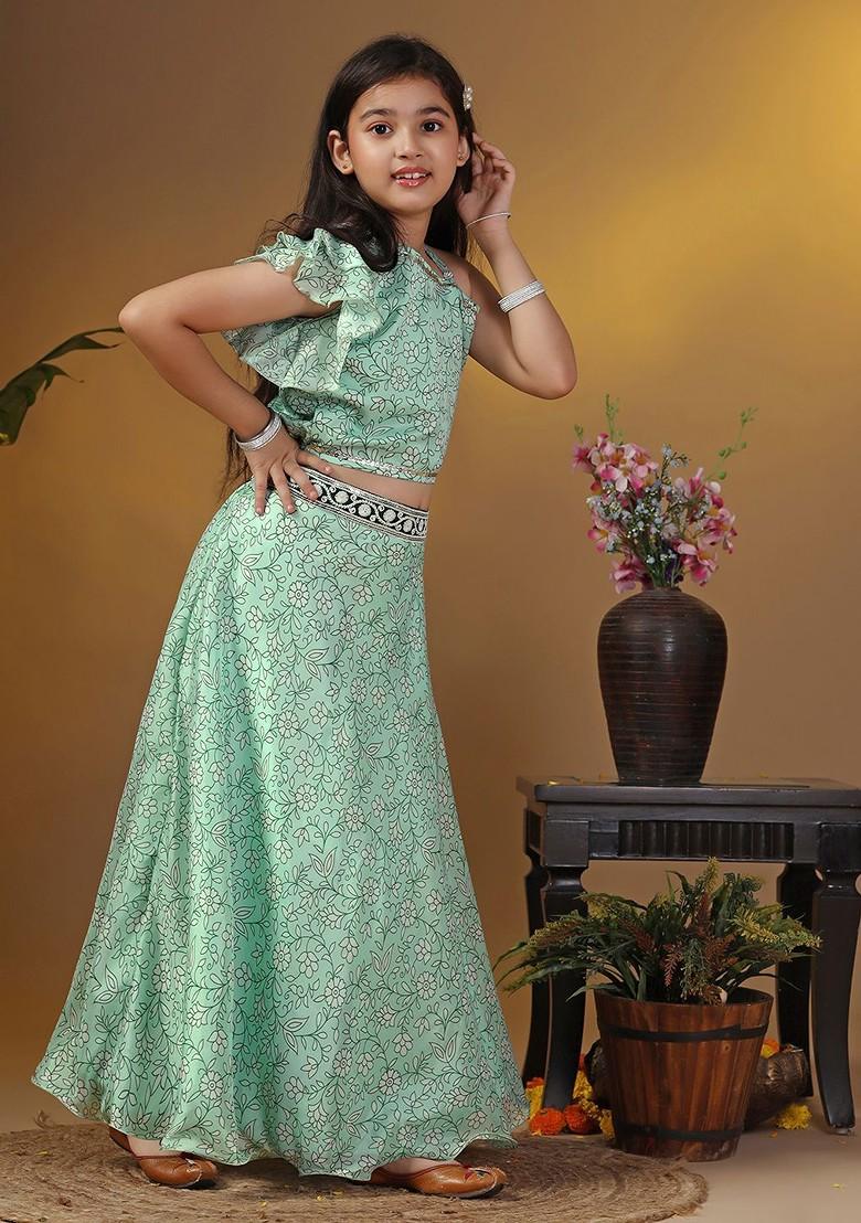 Green Printed Blended Lehenga Choli For Girls - Indya
