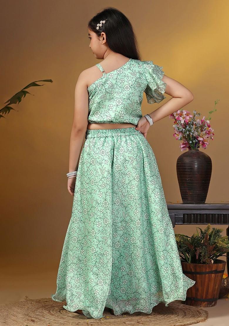 Green Printed Blended Lehenga Choli For Girls - Indya