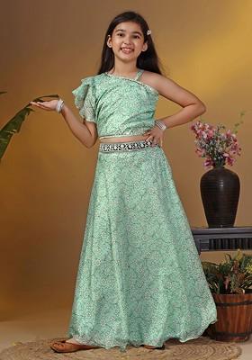 Green Printed Blended Lehenga Choli For Girls