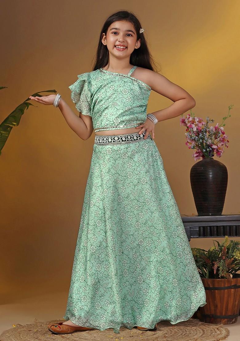Green Printed Blended Lehenga Choli For Girls - Indya