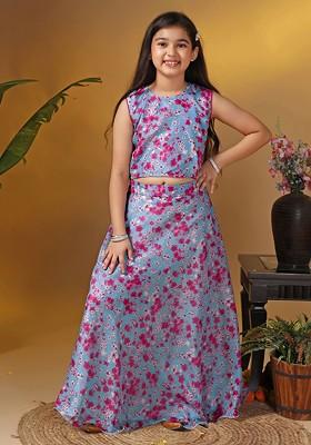 Grey Printed Blended Lehenga Choli For Girls