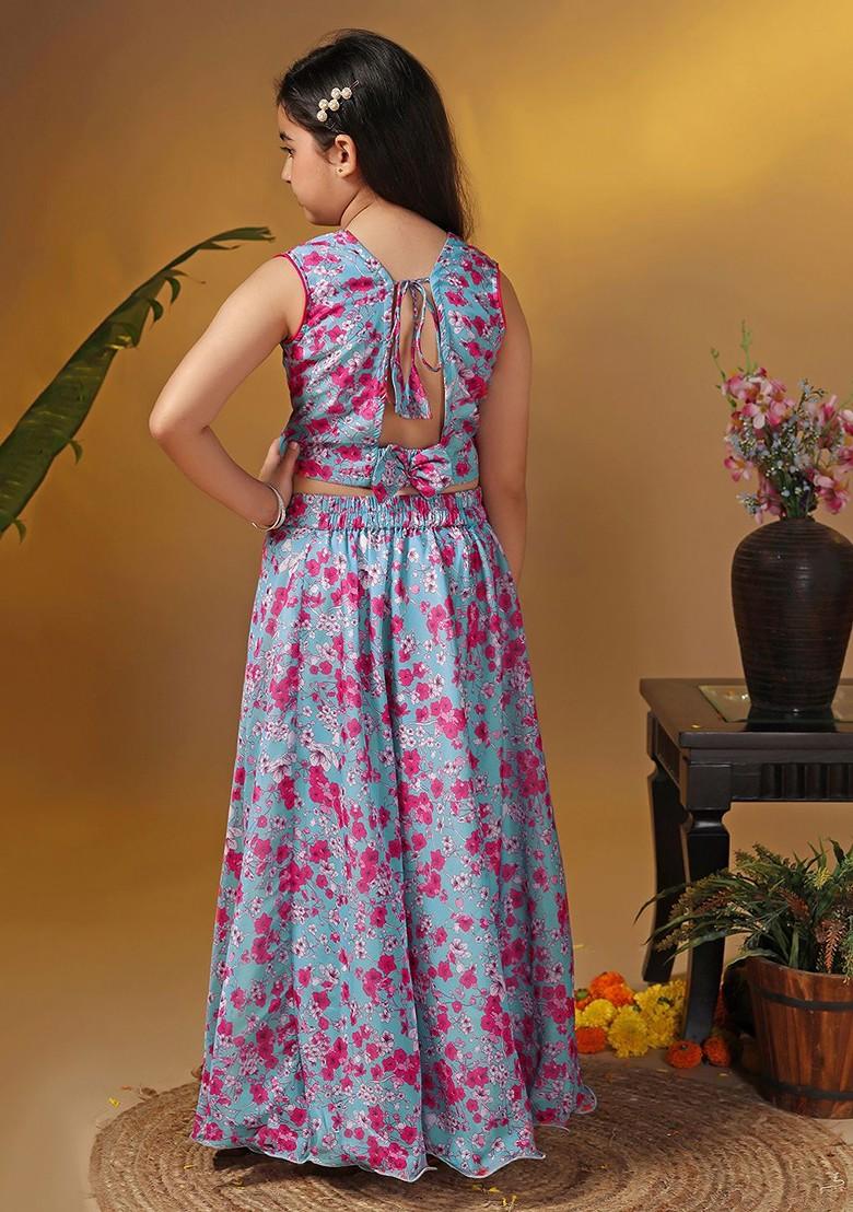 Grey Printed Blended Lehenga Choli For Girls - Indya