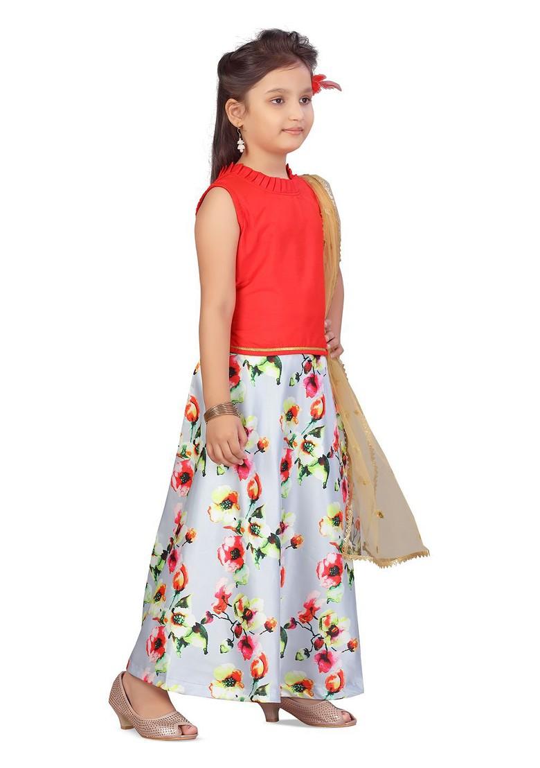 Red Embroidered Blended Lehenga Choli For Girls - Indya