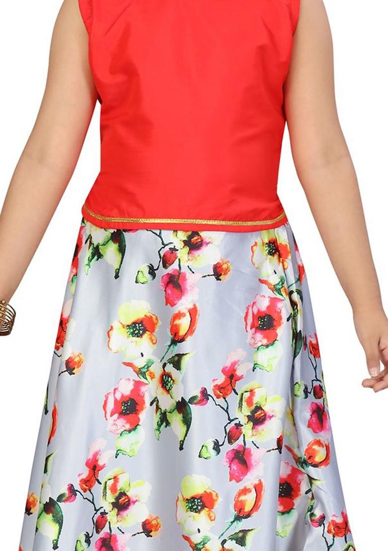 Red Embroidered Blended Lehenga Choli For Girls - Indya