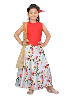 Red Embroidered Blended Lehenga Choli For Girls