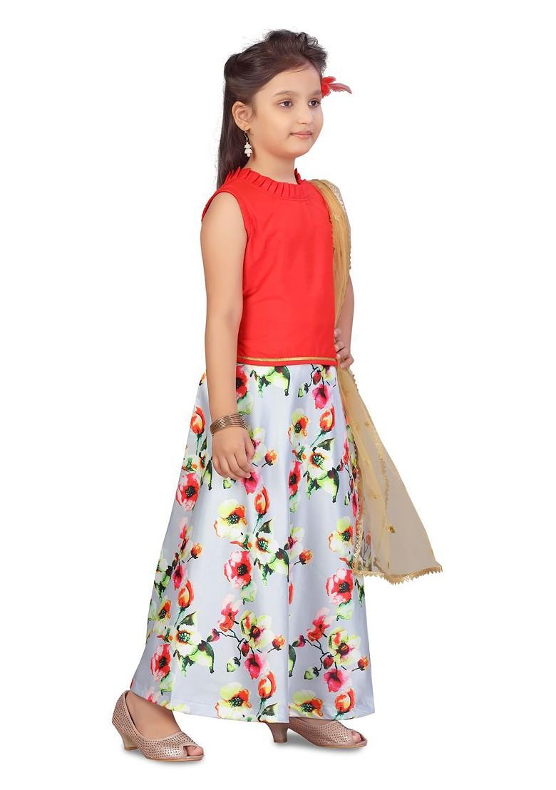 Red Embroidered Blended Lehenga Choli For Girls - Indya