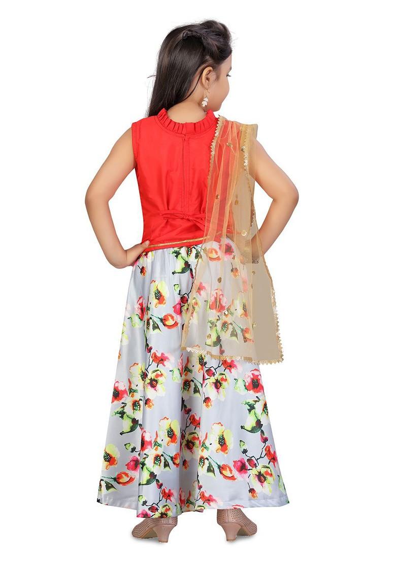 Red Embroidered Blended Lehenga Choli For Girls - Indya