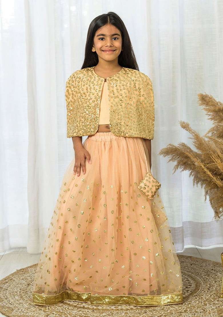 Peach Embellished Blended Lehenga Choli For Girls - Indya