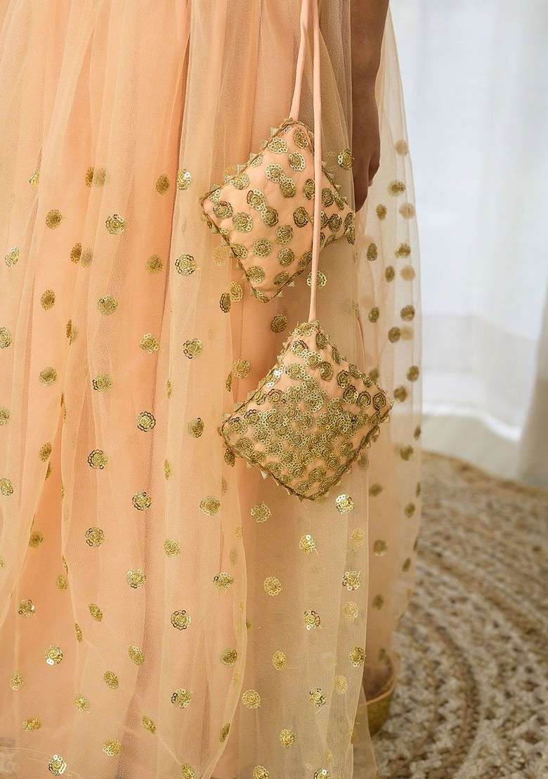 Peach Embellished Blended Lehenga Choli For Girls - Indya