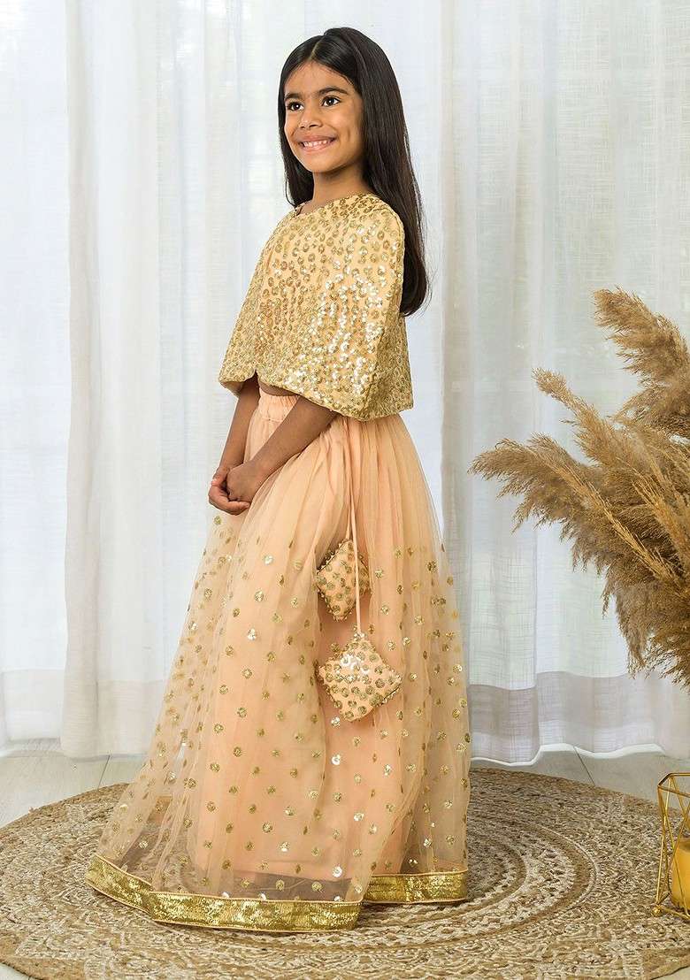 Peach Embellished Blended Lehenga Choli For Girls - Indya