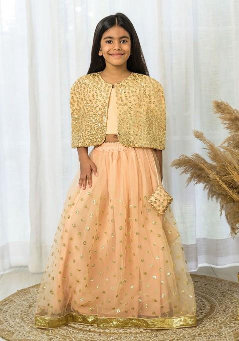 Peach Embellished Blended Lehenga Choli For Girls — view on Indya