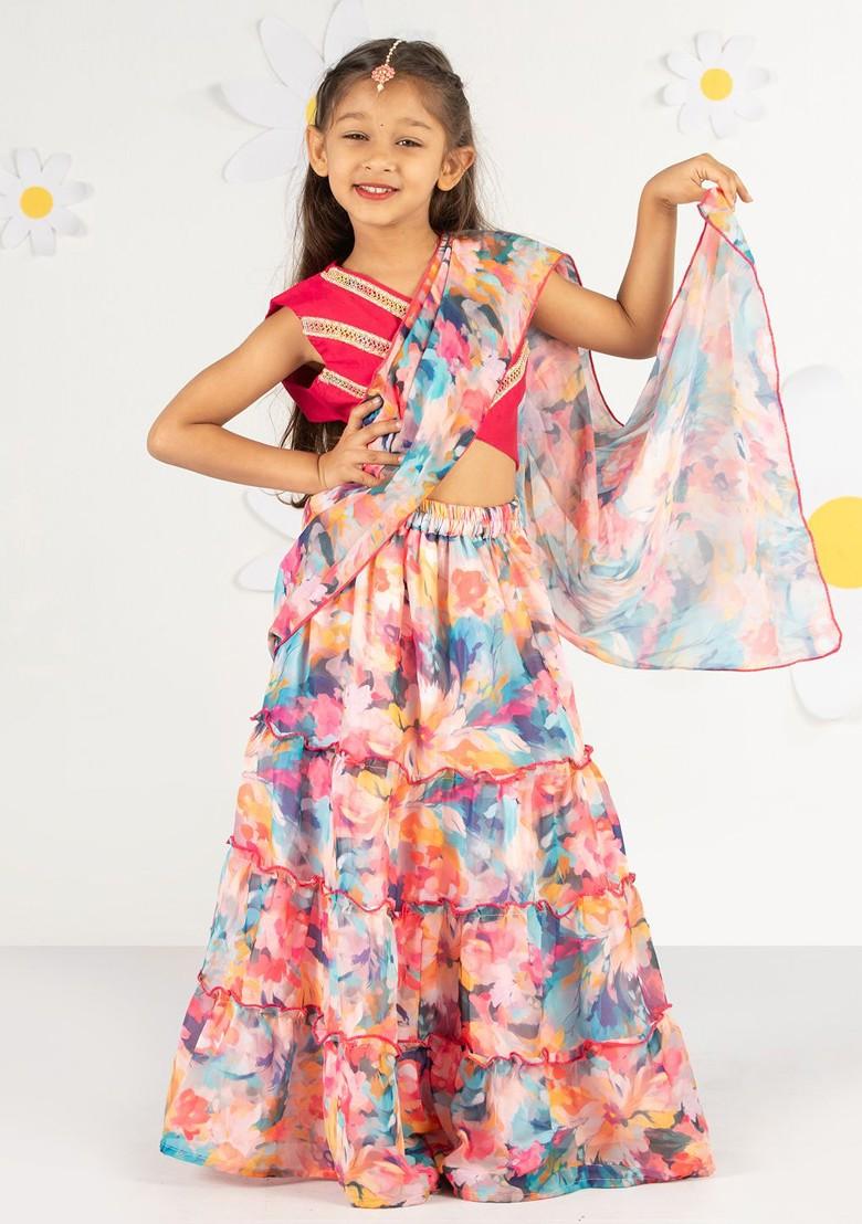Pink Embellished Blended Lehenga Choli For Girls - Indya
