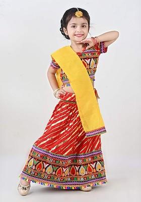Red Embroidered Cotton Blend Lehenga Choli For Girls