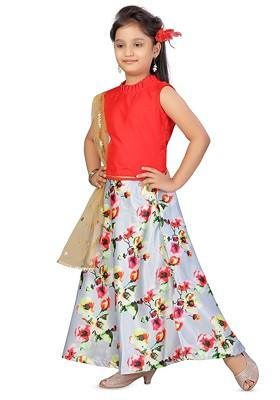 Red Embroidered Blended Lehenga Choli For Girls