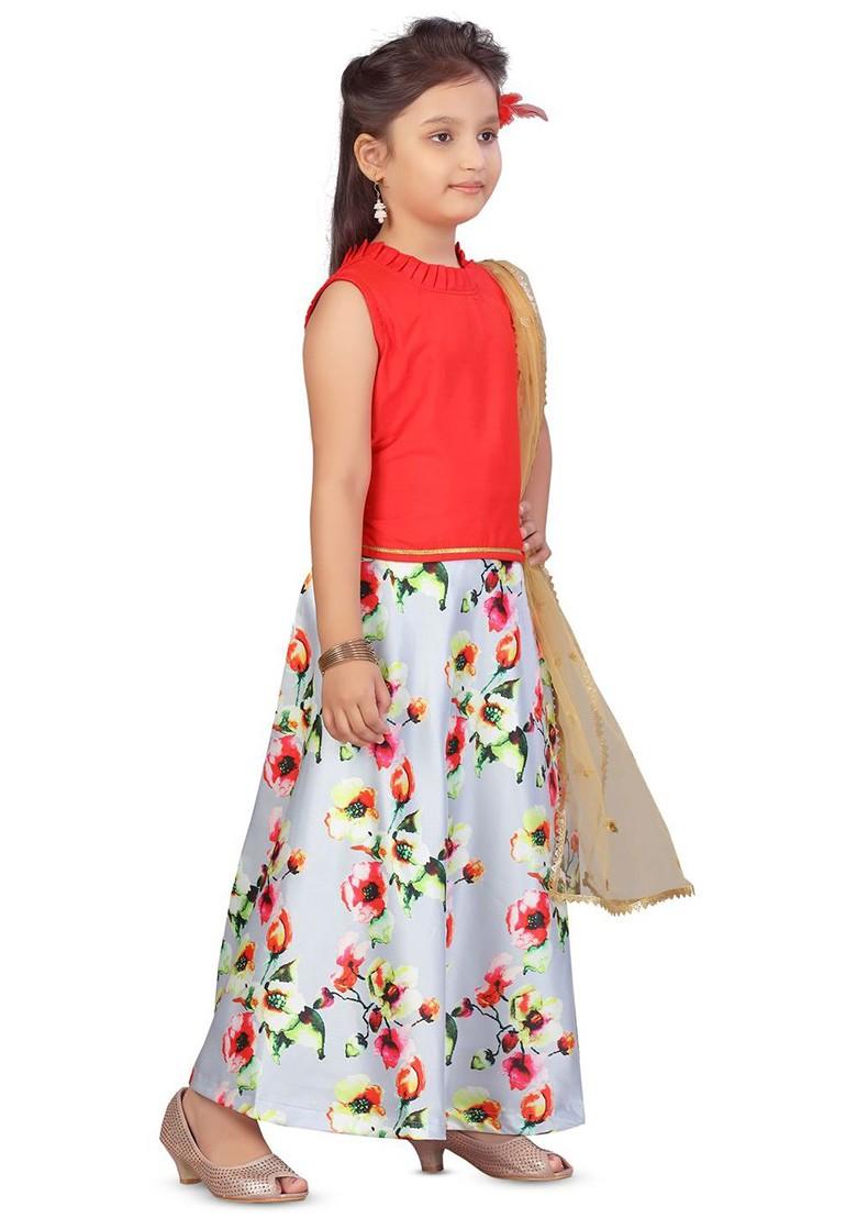 Red Embroidered Blended Lehenga Choli For Girls - Indya