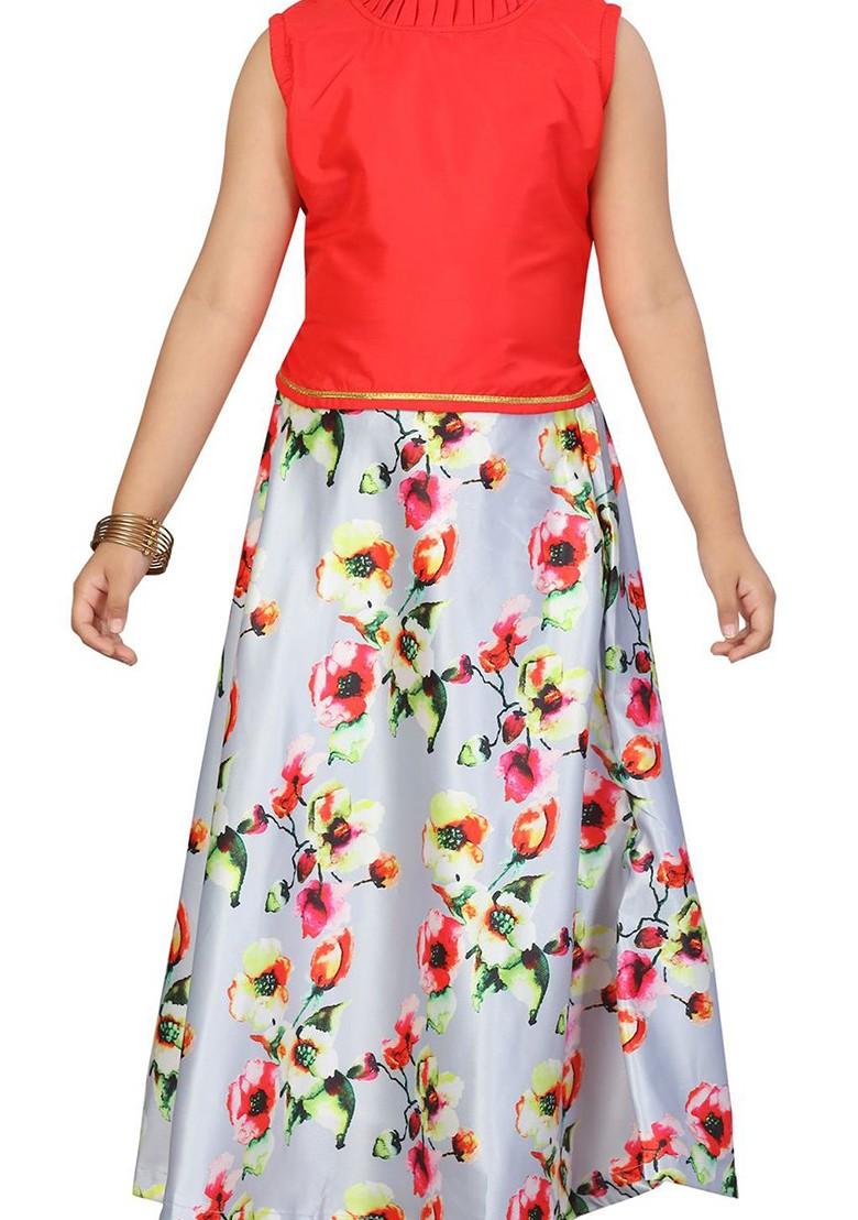 Red Embroidered Blended Lehenga Choli For Girls - Indya