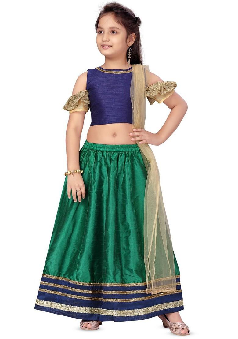 Green Embroidered Blended Lehenga Choli For Girls - Indya